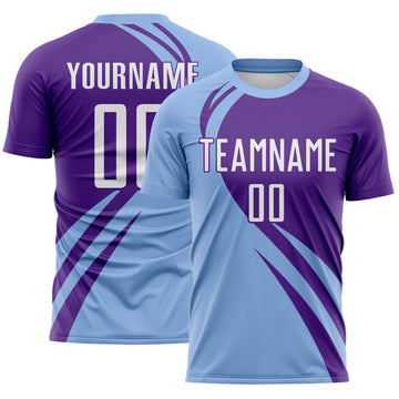 Custom Light Blue White-Purple Diagonal Streamline Color Block Swirl Curve Lines Sublimation Soccer Uniform Jersey