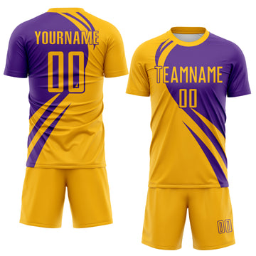 Custom Gold Purple Diagonal Streamline Color Block Swirl Curve Lines Sublimation Soccer Uniform Jersey