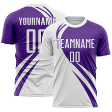 Load image into Gallery viewer, Custom White Purple Diagonal Streamline Color Block Swirl Curve Lines Sublimation Soccer Uniform Jersey
