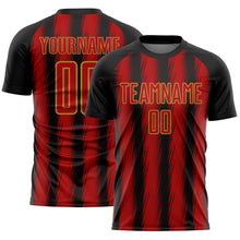 Load image into Gallery viewer, Custom Black Red-Old Gold Vertical Brush Stroke Stripes Sublimation Soccer Uniform Jersey
