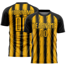 Load image into Gallery viewer, Custom Black Gold Vertical Brush Stroke Stripes Sublimation Soccer Uniform Jersey
