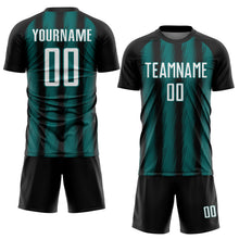 Laden Sie das Bild in den Galerie-Viewer, Custom Black White-Teal Vertical Brush Stroke Stripes Sublimation Soccer Uniform Jersey

