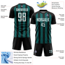 Laden Sie das Bild in den Galerie-Viewer, Custom Black White-Teal Vertical Brush Stroke Stripes Sublimation Soccer Uniform Jersey
