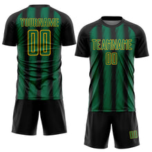 Charger l'image dans la galerie, Custom Black Kelly Green-Gold Vertical Brush Stroke Stripes Sublimation Soccer Uniform Jersey

