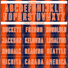 Загрузить изображение в средство просмотра галереи, Custom Navy Orange-White Vertical Brush Stroke Stripes Sublimation Soccer Uniform Jersey
