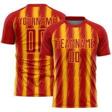 Загрузить изображение в средство просмотра галереи, Custom Red Gold Vertical Brush Stroke Stripes Sublimation Soccer Uniform Jersey
