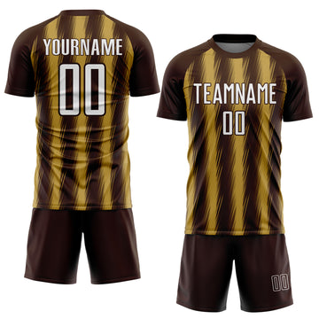 Custom Brown White-Old Gold Vertical Brush Stroke Stripes Sublimation Soccer Uniform Jersey