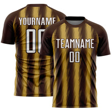 Load image into Gallery viewer, Custom Brown White-Old Gold Vertical Brush Stroke Stripes Sublimation Soccer Uniform Jersey
