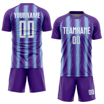 Custom Purple White-Light Blue Vertical Brush Stroke Stripes Sublimation Soccer Uniform Jersey