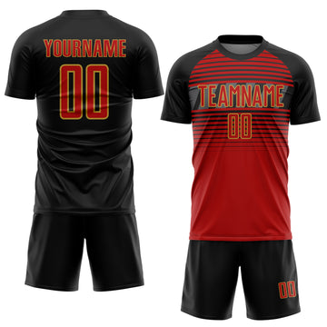 Custom Black Red Old Gold-Steel Gray Gradient Horizontal Stripes Sublimation Soccer Uniform Jersey