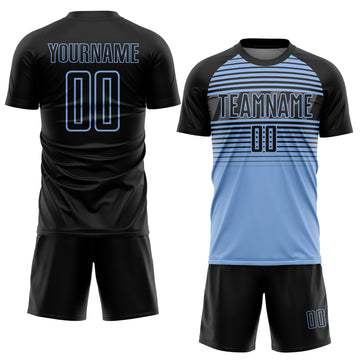 Custom Black Light Blue-Steel Gray Gradient Horizontal Stripes Sublimation Soccer Uniform Jersey
