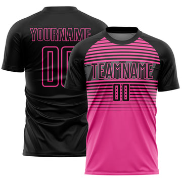Custom Black Pink-Steel Gray Gradient Horizontal Stripes Sublimation Soccer Uniform Jersey