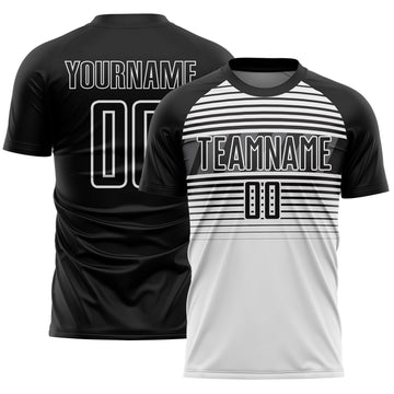 Custom Black White-Steel Gray Gradient Horizontal Stripes Sublimation Soccer Uniform Jersey