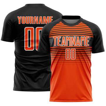 Custom Black Orange Steel Gray-White Gradient Horizontal Stripes Sublimation Soccer Uniform Jersey
