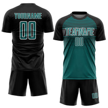 Charger l'image dans la galerie, Custom Black Teal Steel Gray-White Gradient Horizontal Stripes Sublimation Soccer Uniform Jersey
