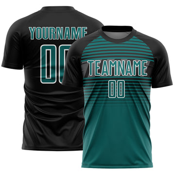 Custom Black Teal Steel Gray-White Gradient Horizontal Stripes Sublimation Soccer Uniform Jersey