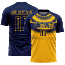 Charger l'image dans la galerie, Custom Navy Gold-Royal Gradient Horizontal Stripes Sublimation Soccer Uniform Jersey
