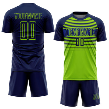 Custom Navy Neon Green-Royal Gradient Horizontal Stripes Sublimation Soccer Uniform Jersey