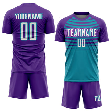 Custom Purple White Teal-Medium Purple Gradient Horizontal Stripes Sublimation Soccer Uniform Jersey