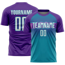 Загрузить изображение в средство просмотра галереи, Custom Purple White Teal-Medium Purple Gradient Horizontal Stripes Sublimation Soccer Uniform Jersey
