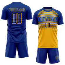 Charger l'image dans la galerie, Custom Royal Gold-Thunder Blue Gradient Horizontal Stripes Sublimation Soccer Uniform Jersey
