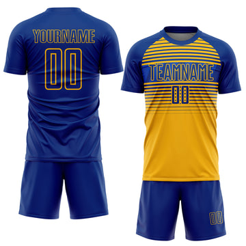 Custom Royal Gold-Thunder Blue Gradient Horizontal Stripes Sublimation Soccer Uniform Jersey