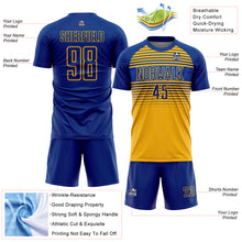 Charger l'image dans la galerie, Custom Royal Gold-Thunder Blue Gradient Horizontal Stripes Sublimation Soccer Uniform Jersey
