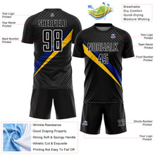 Load image into Gallery viewer, Custom Black White Royal-Yellow Diagonal Stripes Sports Sublimation Soccer Uniform Jersey
