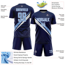 Laden Sie das Bild in den Galerie-Viewer, Custom Navy Light Blue-White Diagonal Stripes Sports Sublimation Soccer Uniform Jersey
