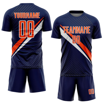 Custom Navy Orange-White Diagonal Stripes Sports Sublimation Soccer Uniform Jersey