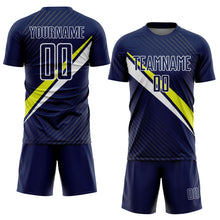 Загрузить изображение в средство просмотра галереи, Custom Navy White-Neon Yellow Diagonal Stripes Sports Sublimation Soccer Uniform Jersey
