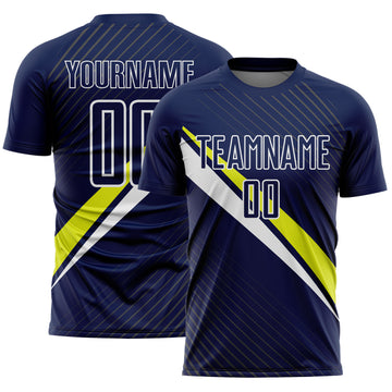 Custom Navy White-Neon Yellow Diagonal Stripes Sports Sublimation Soccer Uniform Jersey