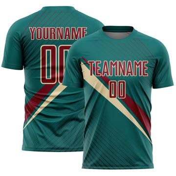 Custom Teal Crimson-Cream Diagonal Stripes Sports Sublimation Soccer Uniform Jersey