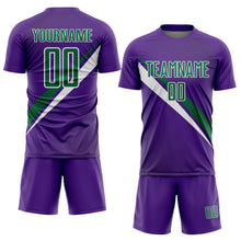 Laden Sie das Bild in den Galerie-Viewer, Custom Purple Kelly Green-White Diagonal Stripes Sports Sublimation Soccer Uniform Jersey
