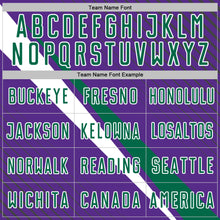 Laden Sie das Bild in den Galerie-Viewer, Custom Purple Kelly Green-White Diagonal Stripes Sports Sublimation Soccer Uniform Jersey

