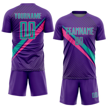 Custom Purple Aqua-Pink Diagonal Stripes Sports Sublimation Soccer Uniform Jersey