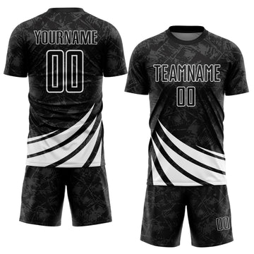 Custom Black White Distressed Diagonal Stripes Wind Shapes Sports Sublimation Soccer Uniform Jersey