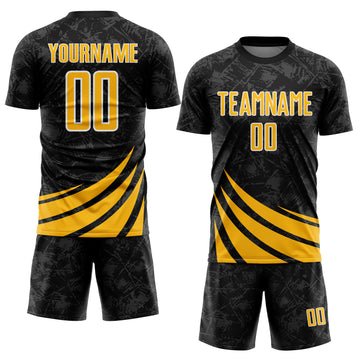 Custom Black Gold-White Distressed Diagonal Stripes Wind Shapes Sports Sublimation Soccer Uniform Jersey