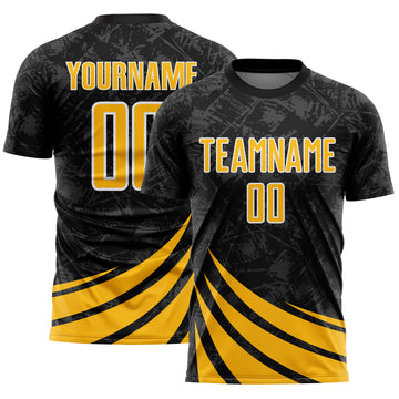 Custom Black Gold-White Distressed Diagonal Stripes Wind Shapes Sports Sublimation Soccer Uniform Jersey