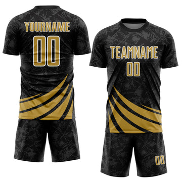 Custom Black Old Gold-White Distressed Diagonal Stripes Wind Shapes Sports Sublimation Soccer Uniform Jersey