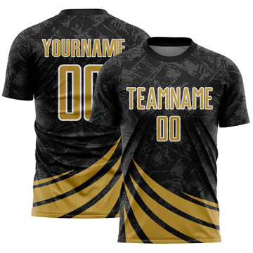 Custom Black Old Gold-White Distressed Diagonal Stripes Wind Shapes Sports Sublimation Soccer Uniform Jersey