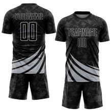 Загрузить изображение в средство просмотра галереи, Custom Black Gray Distressed Diagonal Stripes Wind Shapes Sports Sublimation Soccer Uniform Jersey
