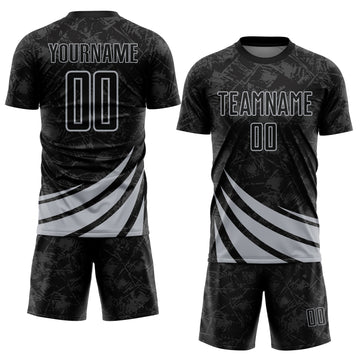 Custom Black Gray Distressed Diagonal Stripes Wind Shapes Sports Sublimation Soccer Uniform Jersey