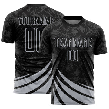Custom Black Gray Distressed Diagonal Stripes Wind Shapes Sports Sublimation Soccer Uniform Jersey
