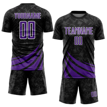 Custom Black Purple-White Distressed Diagonal Stripes Wind Shapes Sports Sublimation Soccer Uniform Jersey
