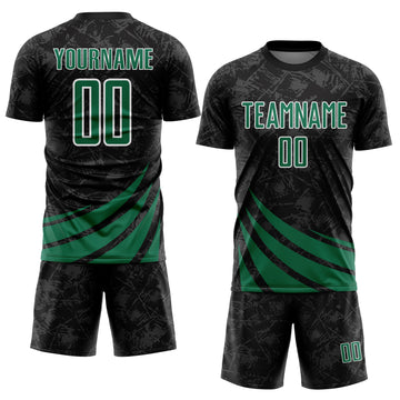 Custom Black Kelly Green-White Distressed Diagonal Stripes Wind Shapes Sports Sublimation Soccer Uniform Jersey