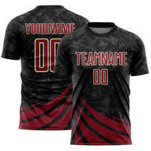 Загрузить изображение в средство просмотра галереи, Custom Black Crimson-Cream Distressed Diagonal Stripes Wind Shapes Sports Sublimation Soccer Uniform Jersey
