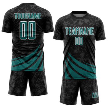 Custom Black Teal-White Distressed Diagonal Stripes Wind Shapes Sports Sublimation Soccer Uniform Jersey