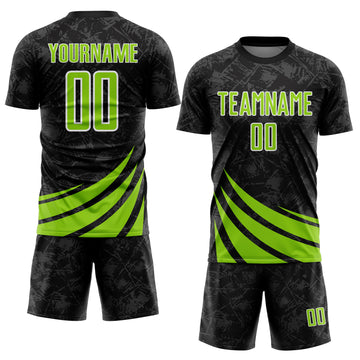 Custom Black Neon Green-White Distressed Diagonal Stripes Wind Shapes Sports Sublimation Soccer Uniform Jersey