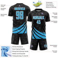 Загрузить изображение в средство просмотра галереи, Custom Black Sky Blue-White Distressed Diagonal Stripes Wind Shapes Sports Sublimation Soccer Uniform Jersey
